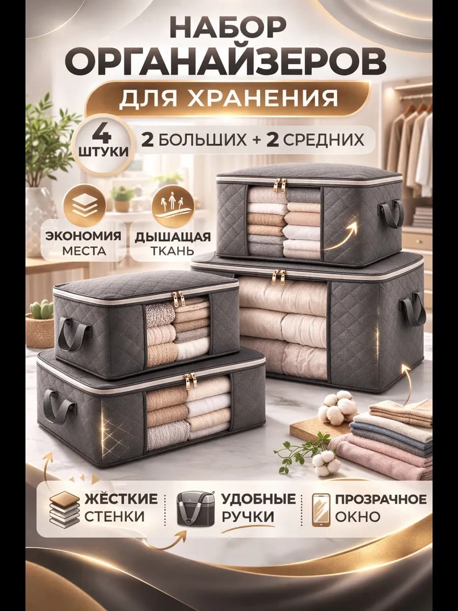 Органайзер для хранения вещей, кофры в шкаф набор 4 шт