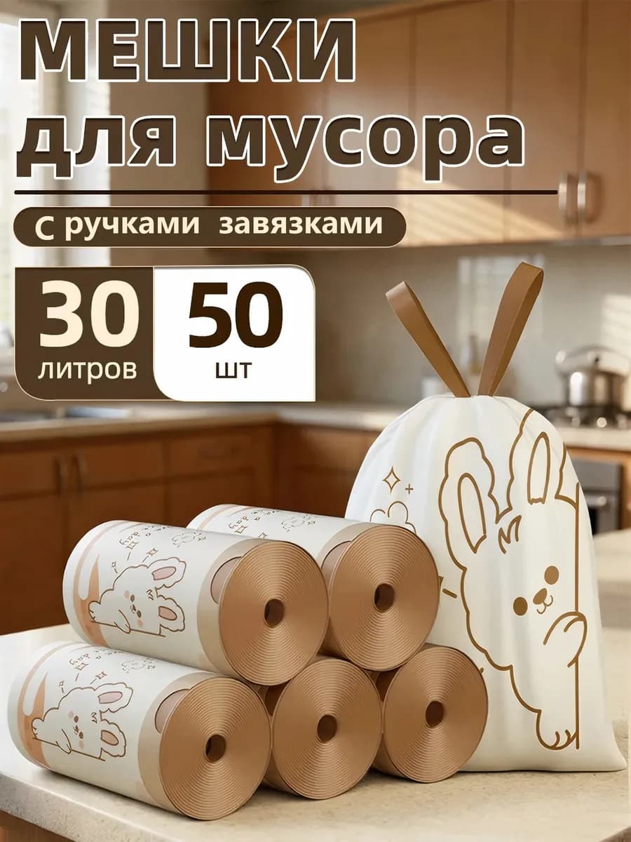 Мешки для мусора 30 л прочные с завязками 50 шт