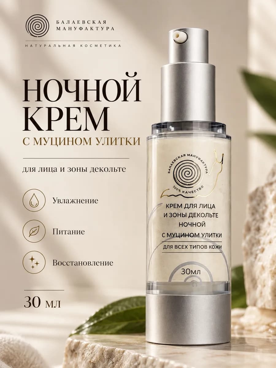 Крем для лица увлажняющий ночной с муцином улитки