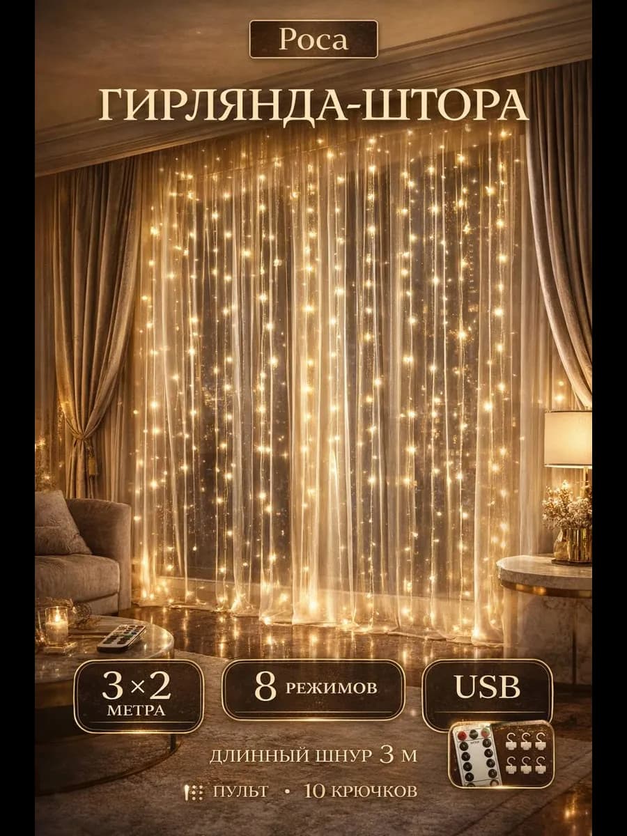 Гирлянда штора 3х2 USB белый тёплый свет
