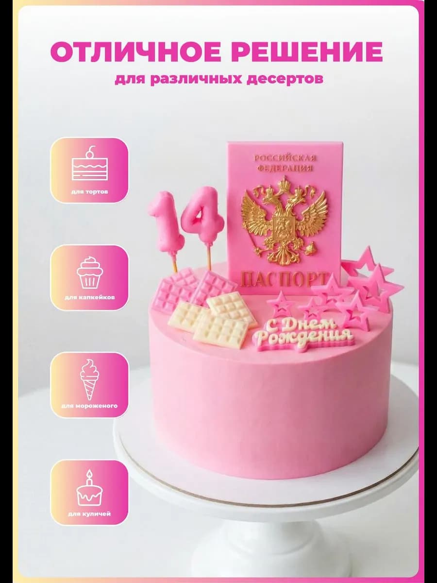 Украшения для торта съедобные набор Паспорт на 14 лет