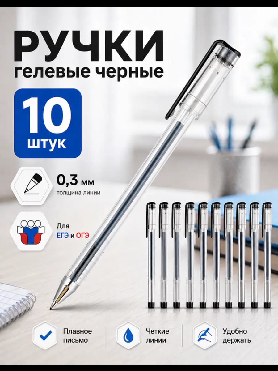 Ручки гелевые черные для школы, набор 10 штук для ЕГЭ, ОГЭ
