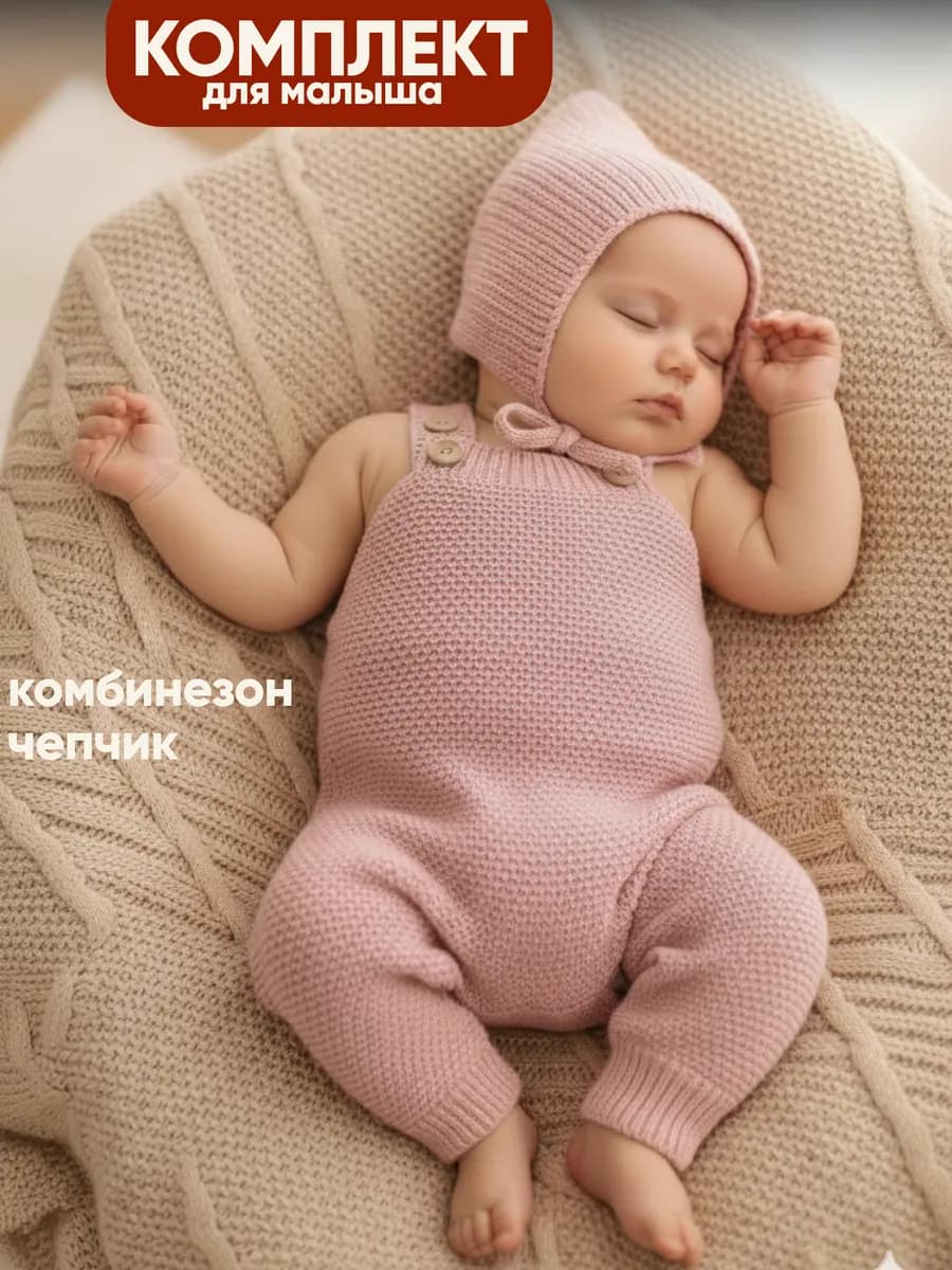 Вязаный комбинезон для новорожденных комплект на выписку