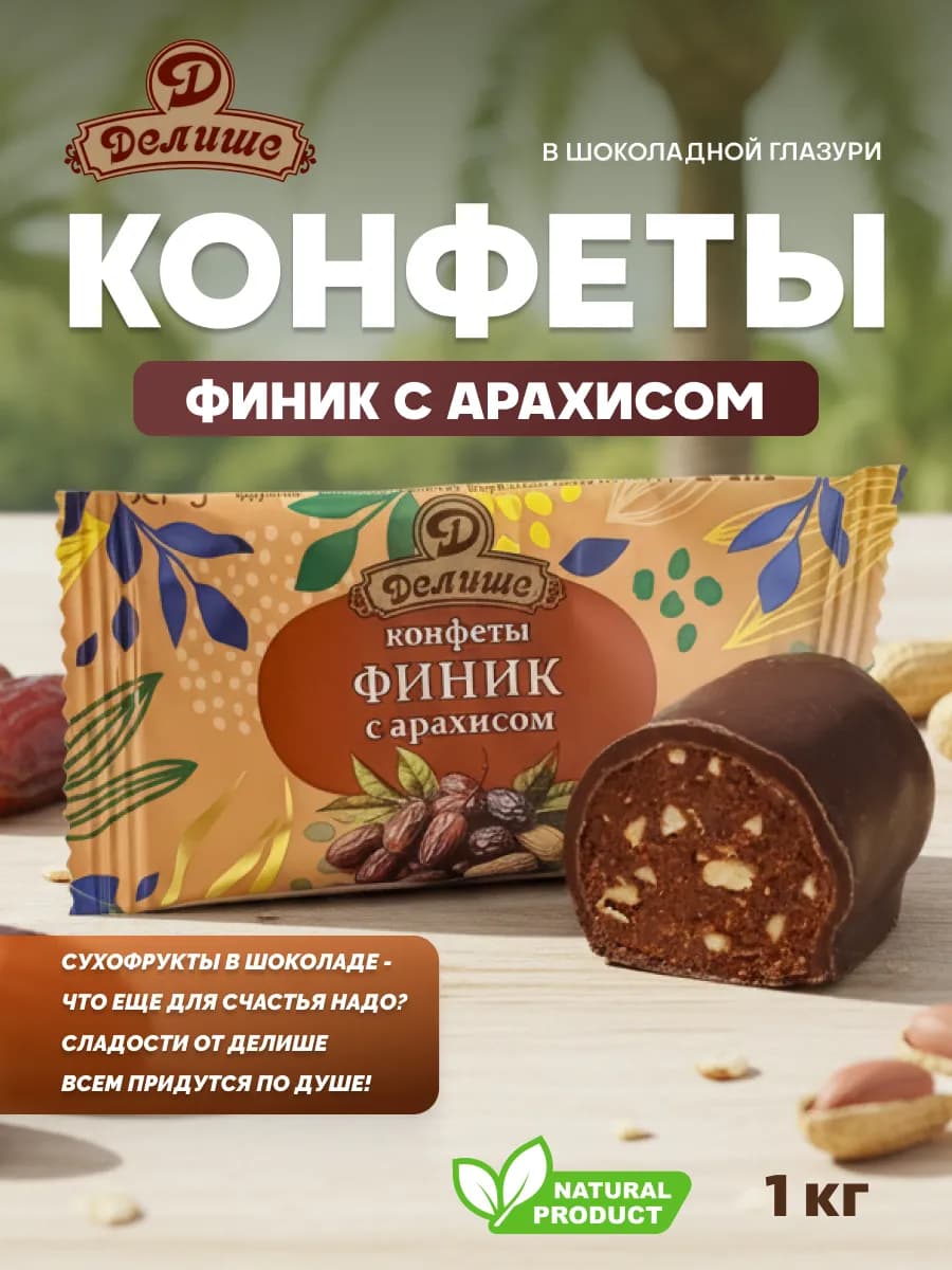 Конфеты "Финик "ДЕЛИШЕ" шоколадный с арахисом", п п 1 кг
