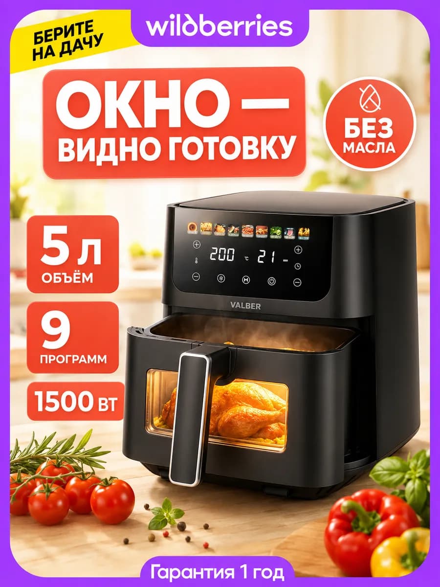 Аэрогриль электрический для дома 5 литров с окном, сенсор