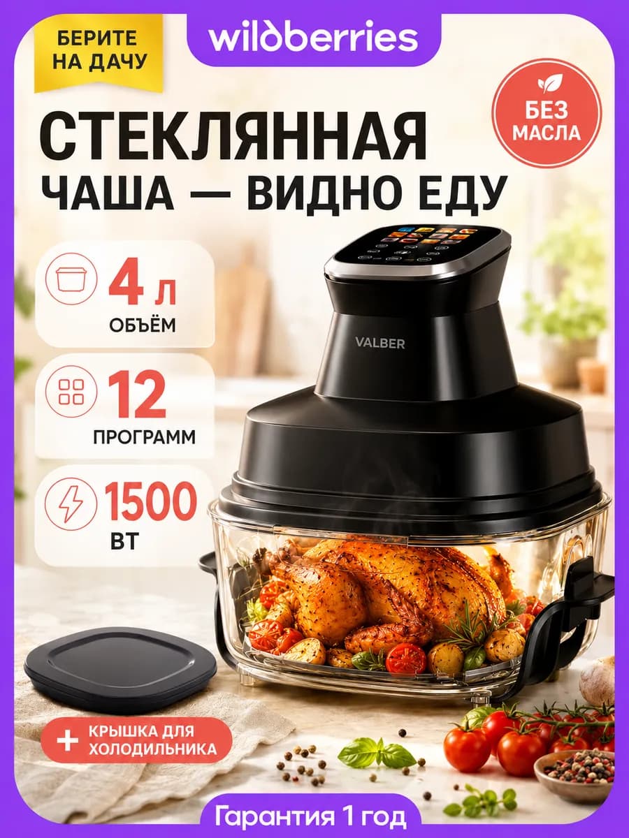 Аэрогриль Grill Flex 4 л стеклянная чаша, 12 программ