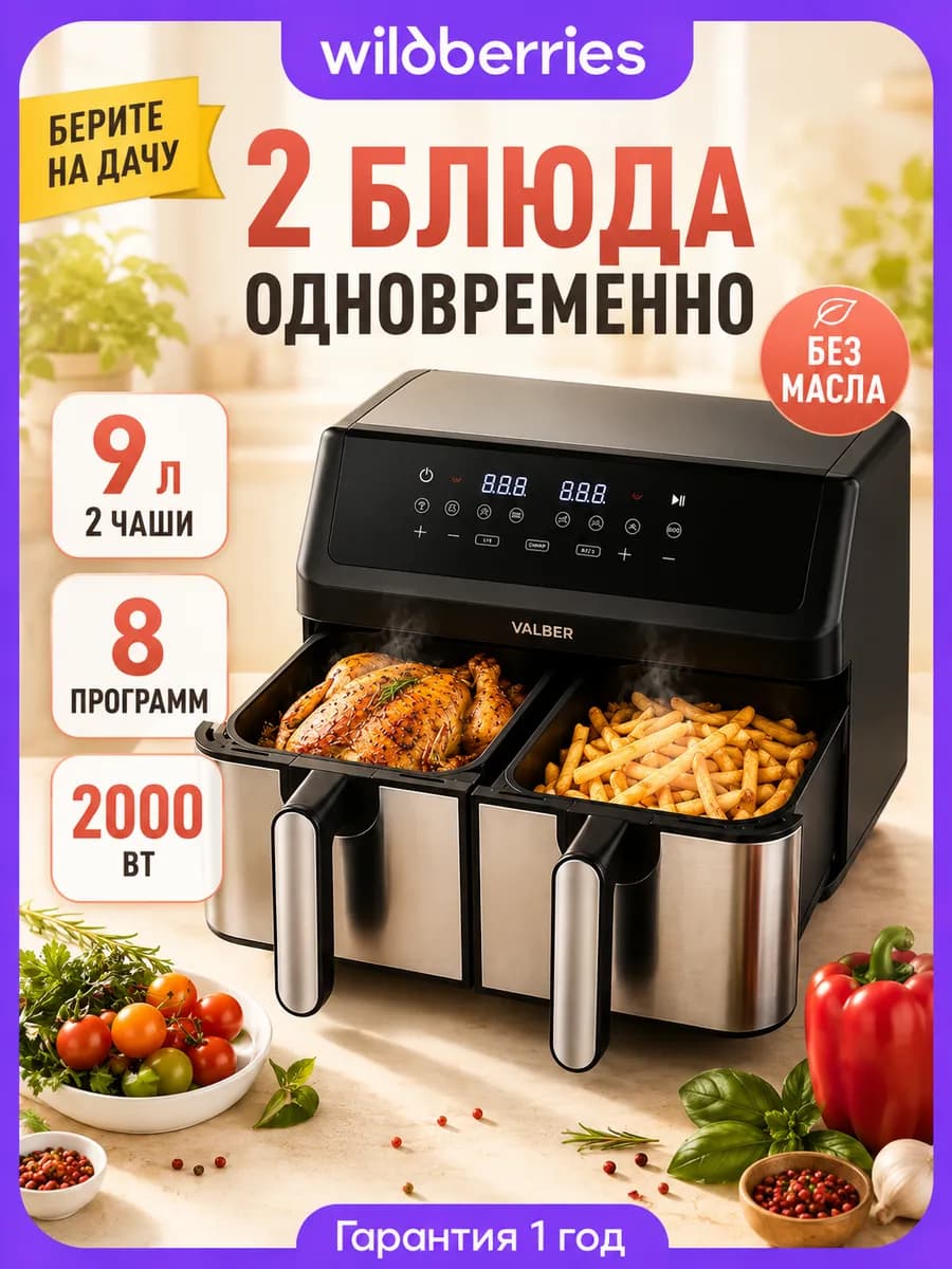 Аэрогриль Plus Dual 9 л, две чаши, 2 блюда сразу