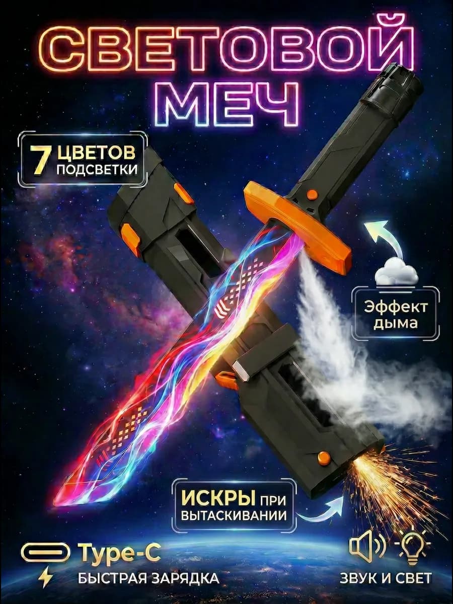 Световой меч с дымом и искрами детский крутые игрушки