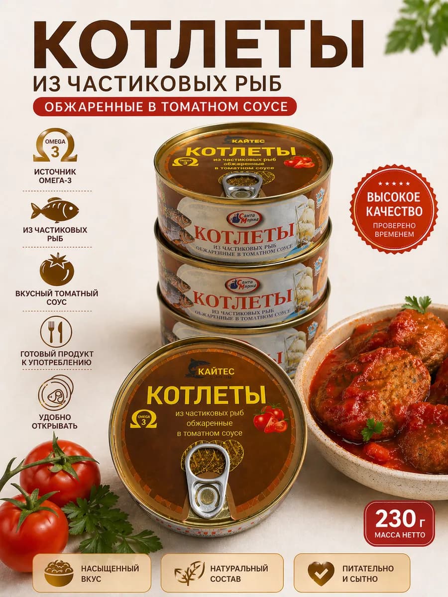 Котлеты из частиковых рыб в томате, консервы рыбные
