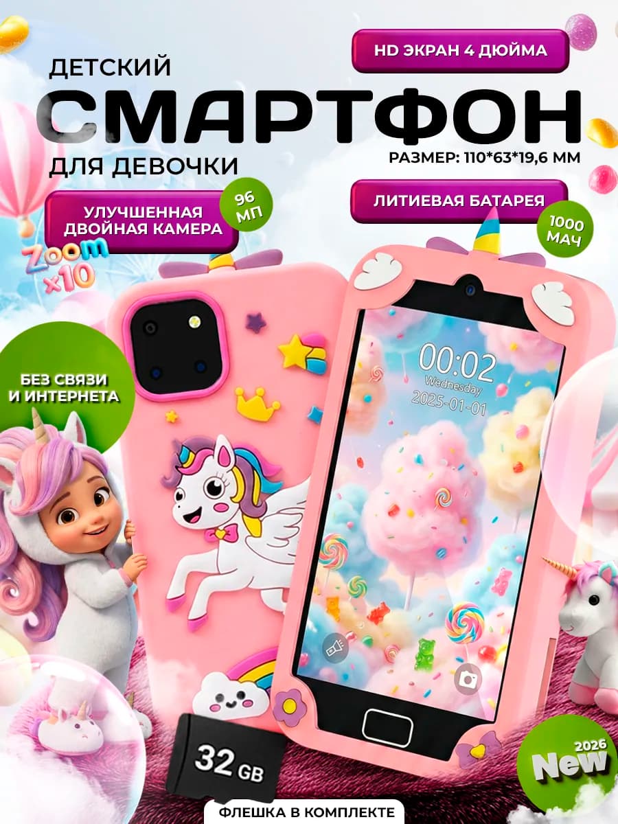 Детский сенсорный телефон с большим экраном для девочки