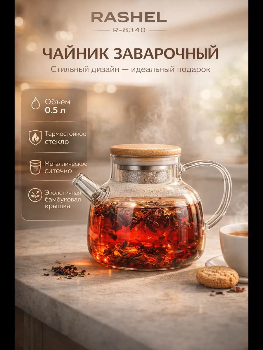 Чайник заварочный стеклянный 0.5л R-8340