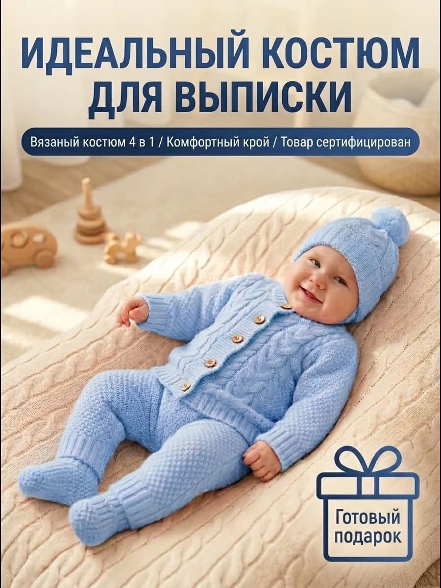 Вязаный костюм для новорожденных малышей комплект на выписку
