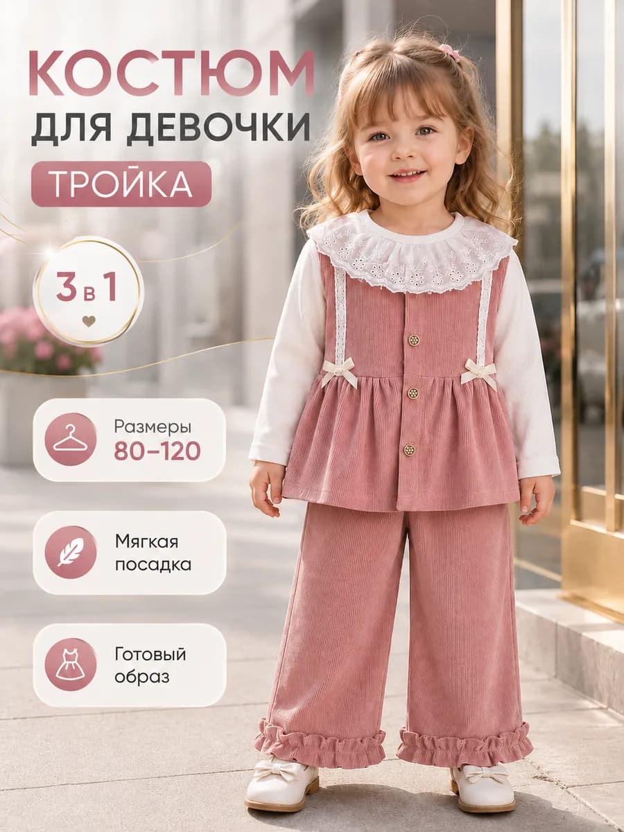 Костюм-тройка нарядный для девочки с брюками в садик