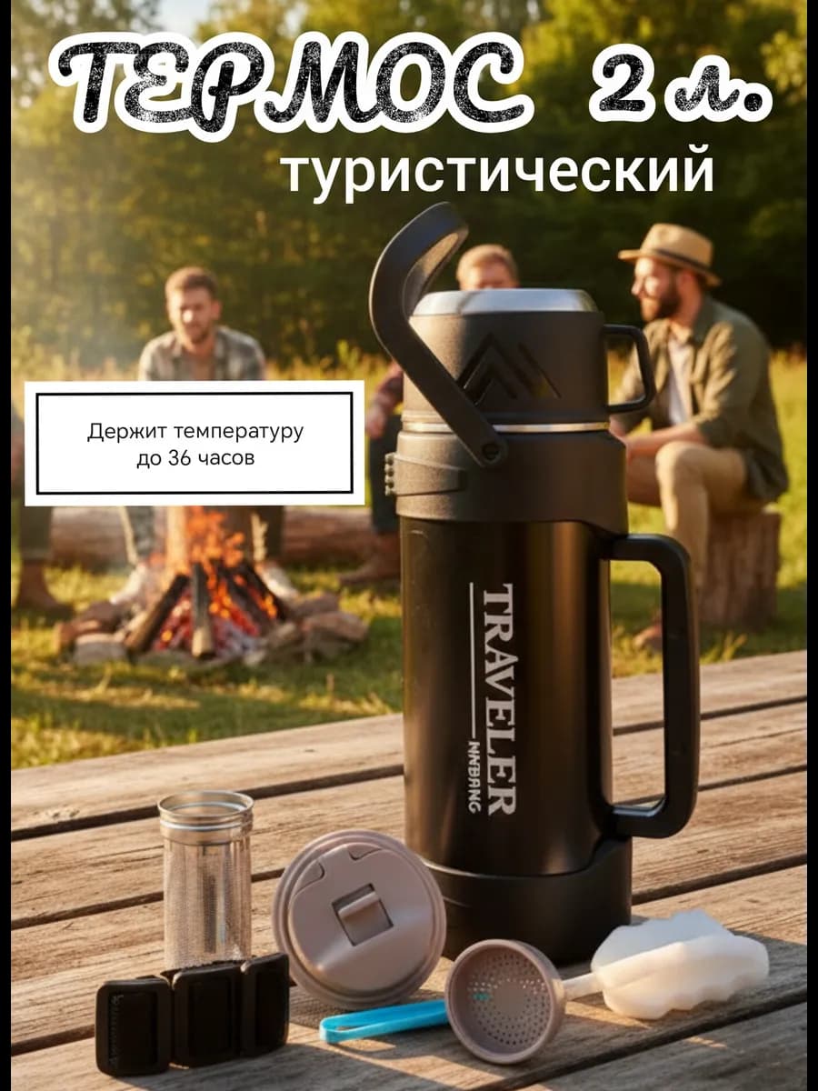 Термос металлический для чая 2 литра с кружкой и ситечком