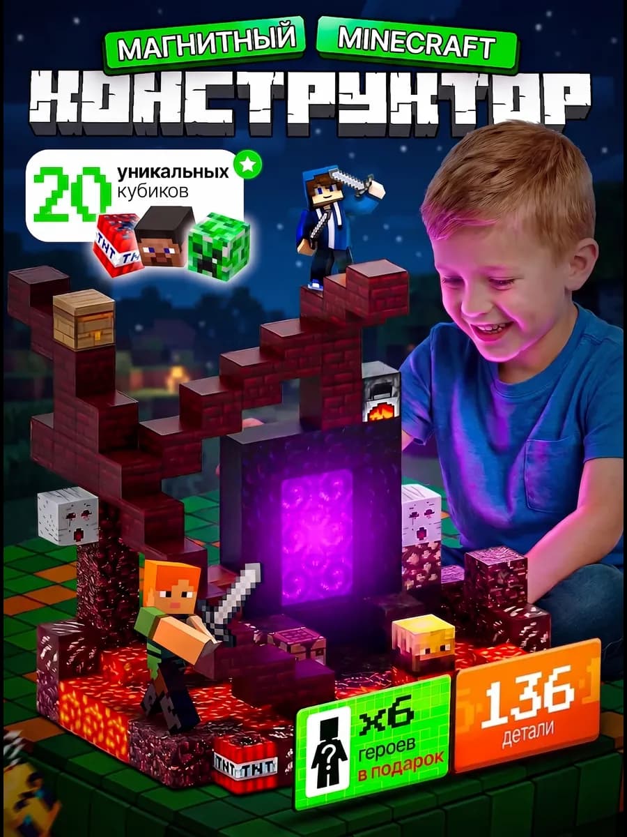 Магнитный конструктор minecraft кубики блоки портал 136 шт