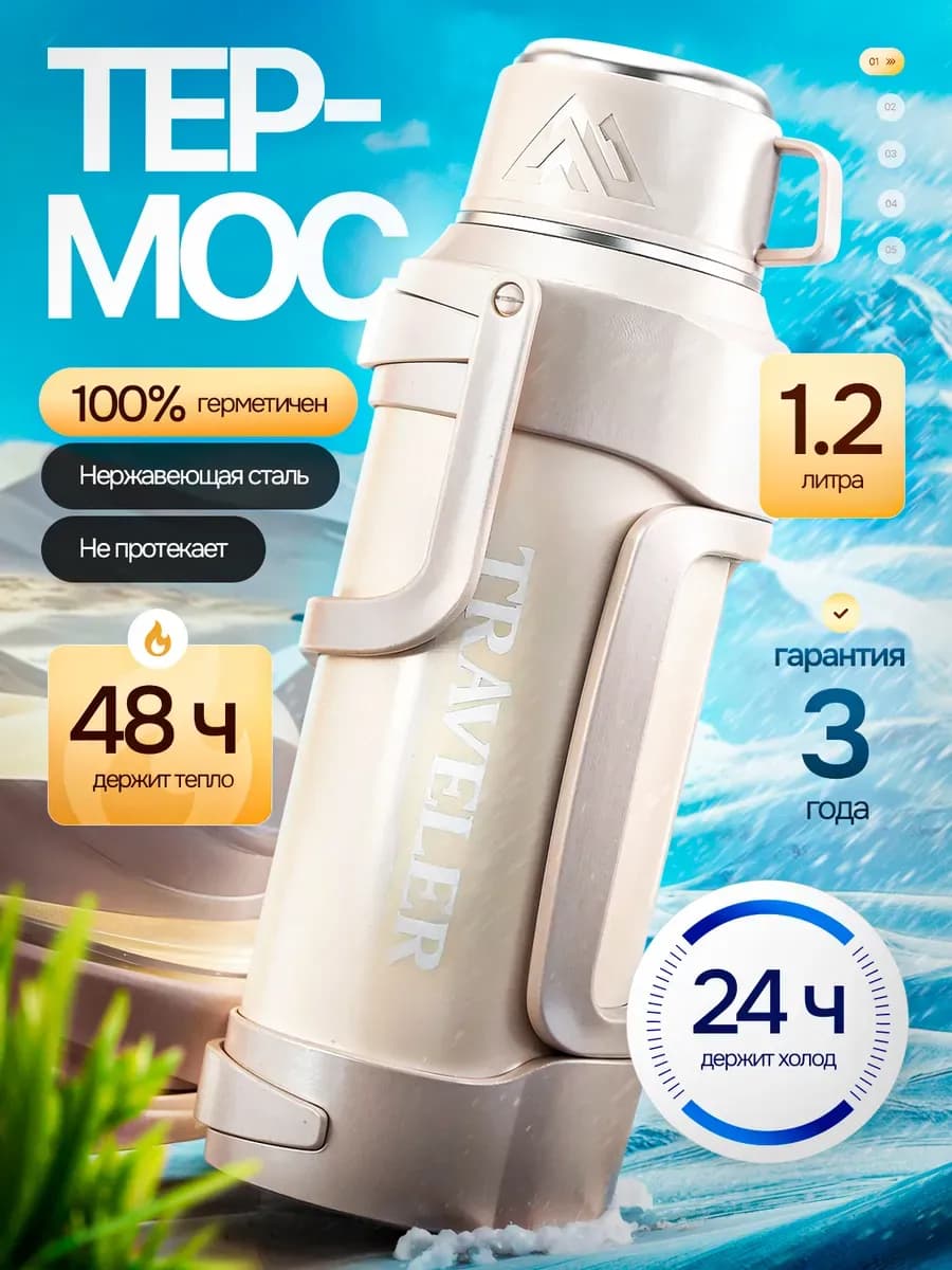 Термос для чая металлический с ситечком и ручкой 1,2л (1,5л)