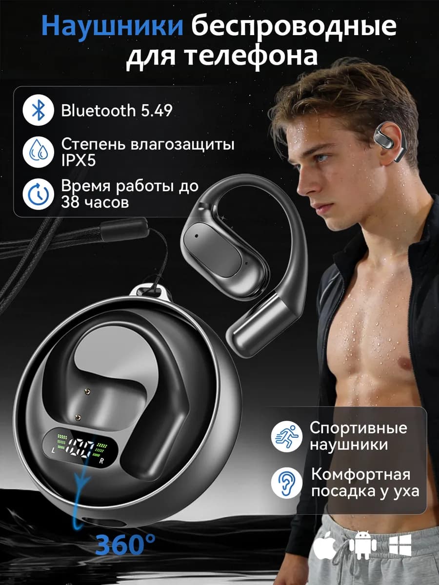 Наушники беспроводные спортивные для спорта с микрофоном