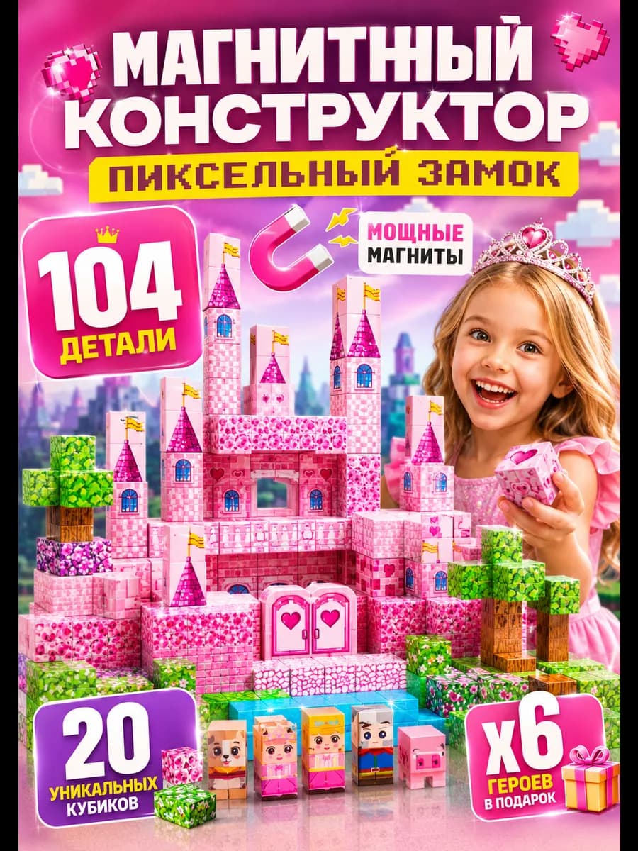 Магнитный конструктор для девочек minecraft кубики 104 шт