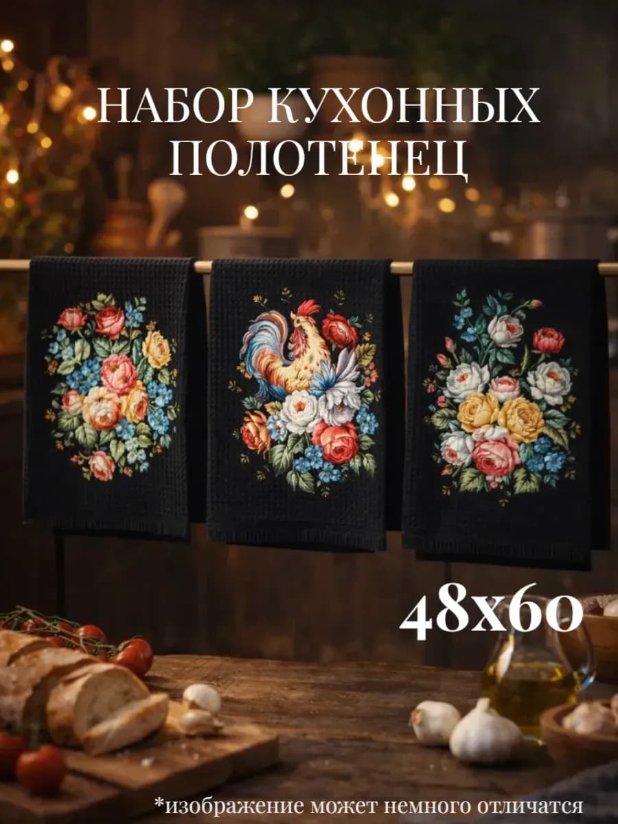 Набор кухонных вафельных полотенец 3 шт. "Жостовские цветы"
