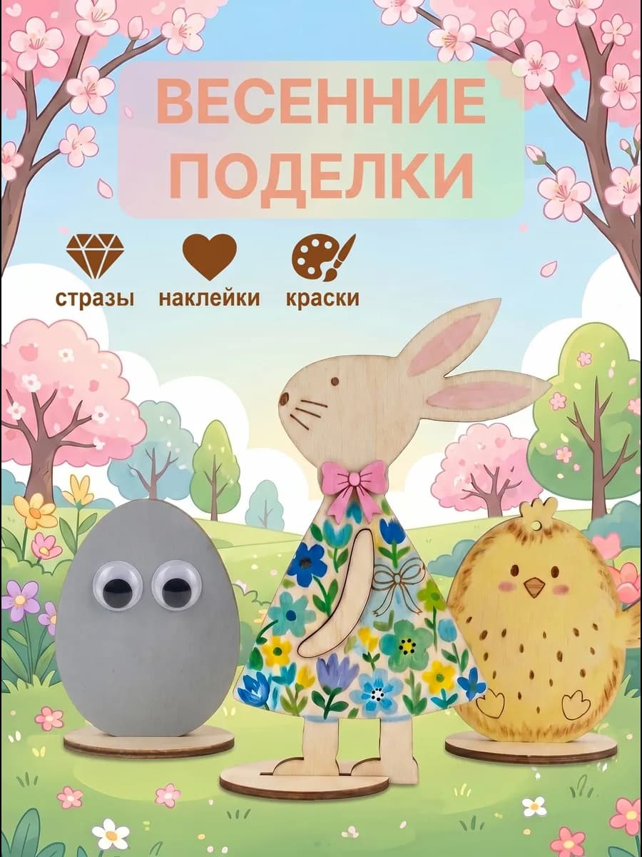 Деревянные фигурки для поделки кролик, цыплёнок, яйцо