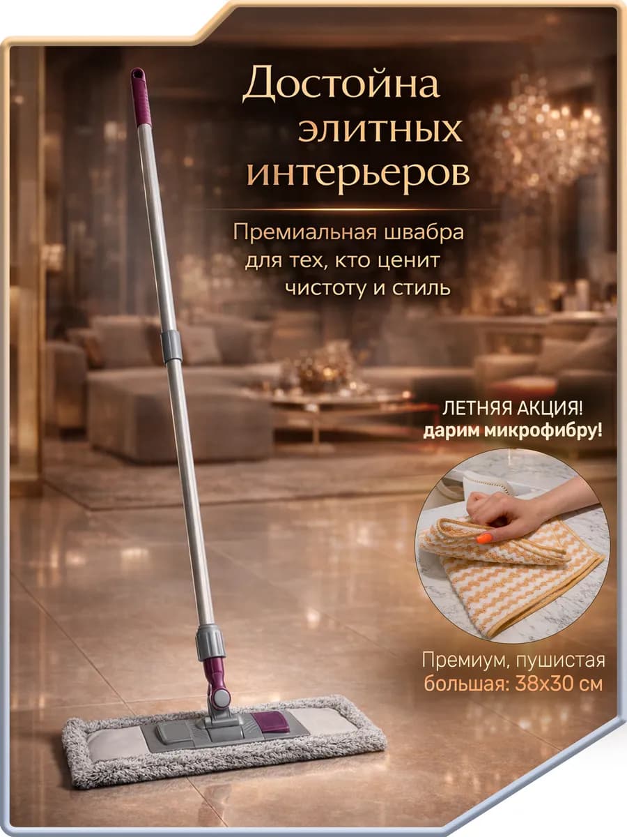 Швабра для мытья пола простая с микрофиброй телескопическая