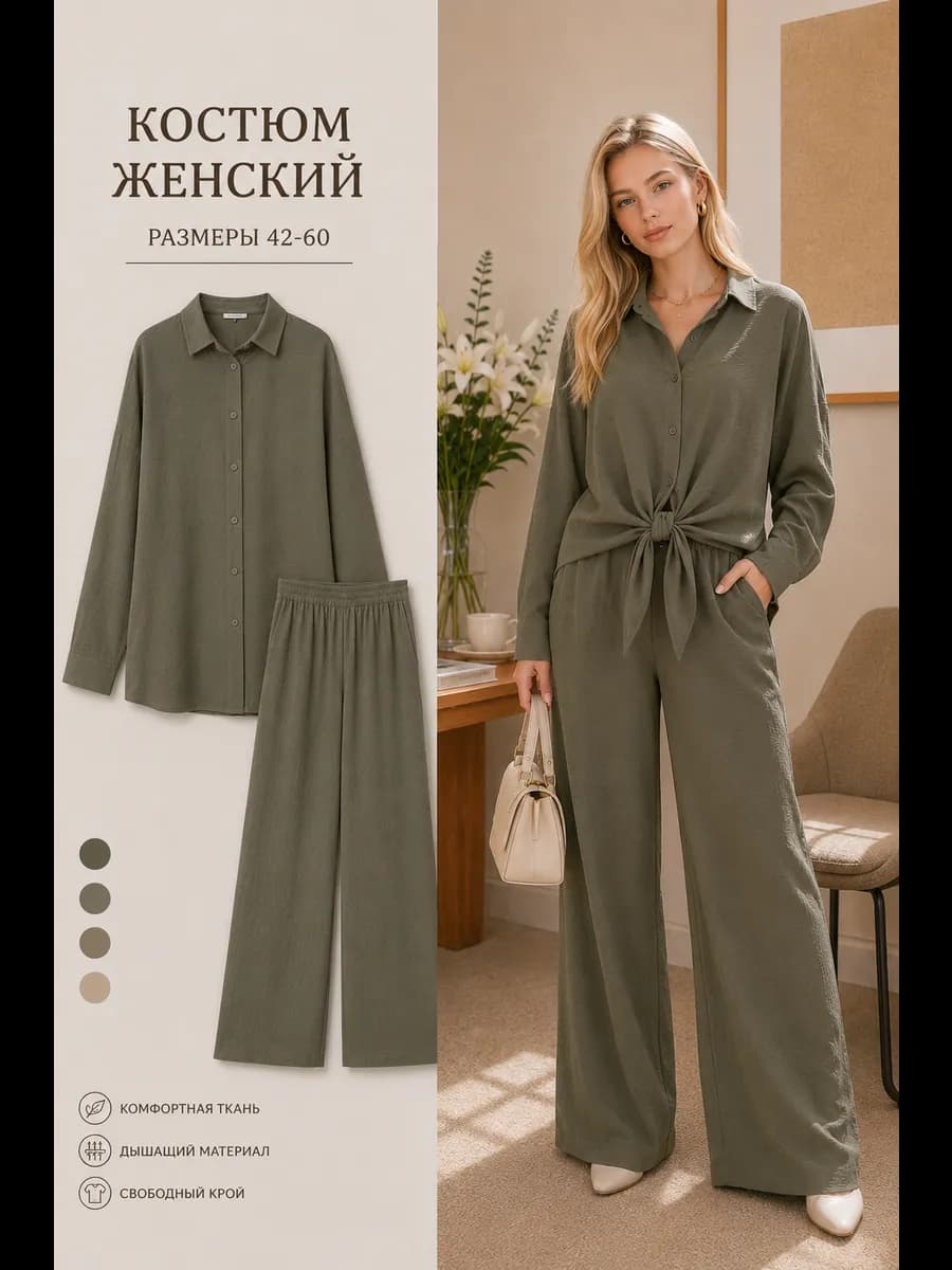 Костюм летний оверсайз с брюками и рубашкой