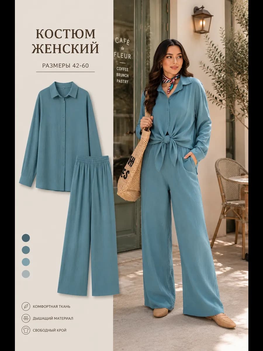 Костюм летний оверсайз с брюками и рубашкой