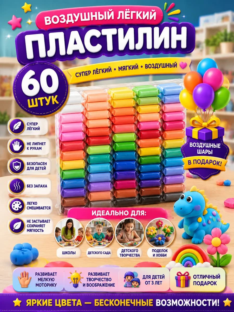 Набор воздушного пластилина 60 шт мягкий для лепки