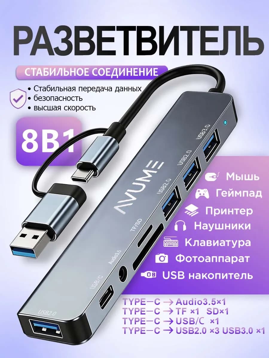 Разветвитель USB-C HUB 8 в 1 для MacBook и ПК