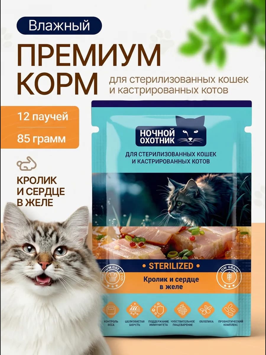 Корм влажный для стерилизованных кошек Кролик и сердце в жел…