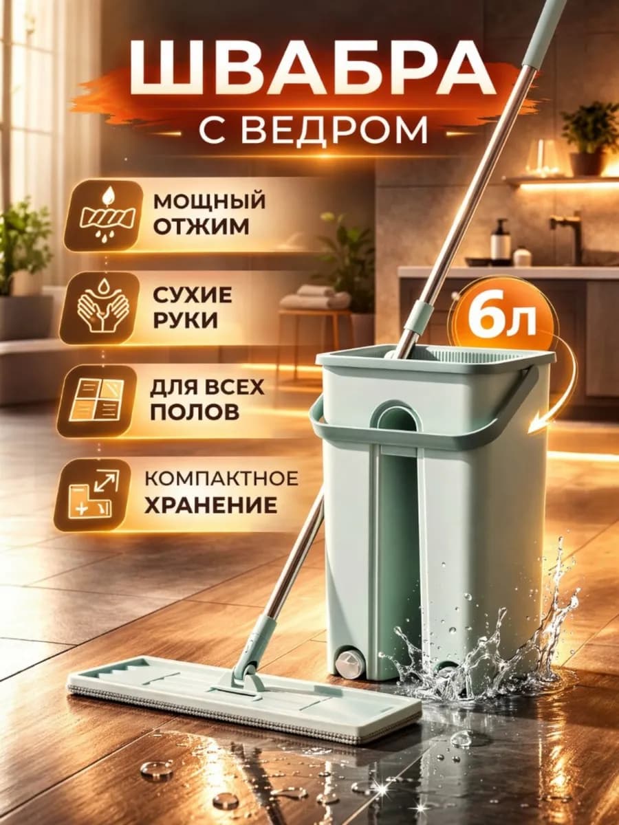 Швабра для пола с ведром и тряпкой из микрофибры