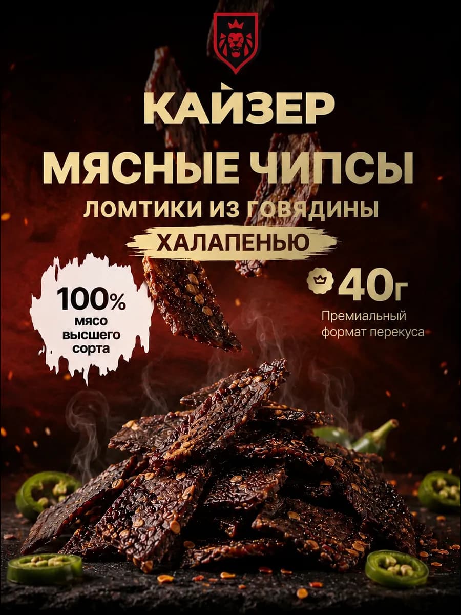 Мясные чипсы говядины халапеньо 40 гр вяленые ломтики снек