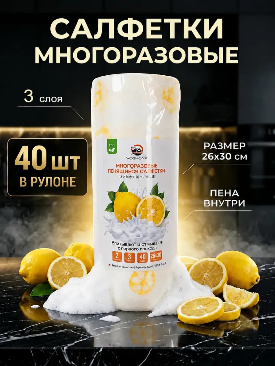 Салфетки для уборки пенящиеся многоразовые рулоне, 40 шт