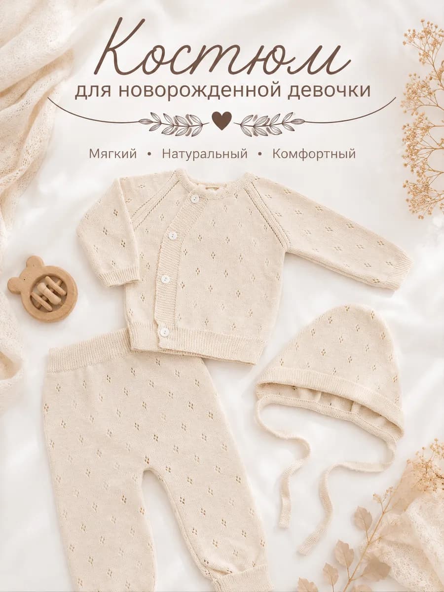 Хлопковый вязаный костюм для новорожденных на выписку