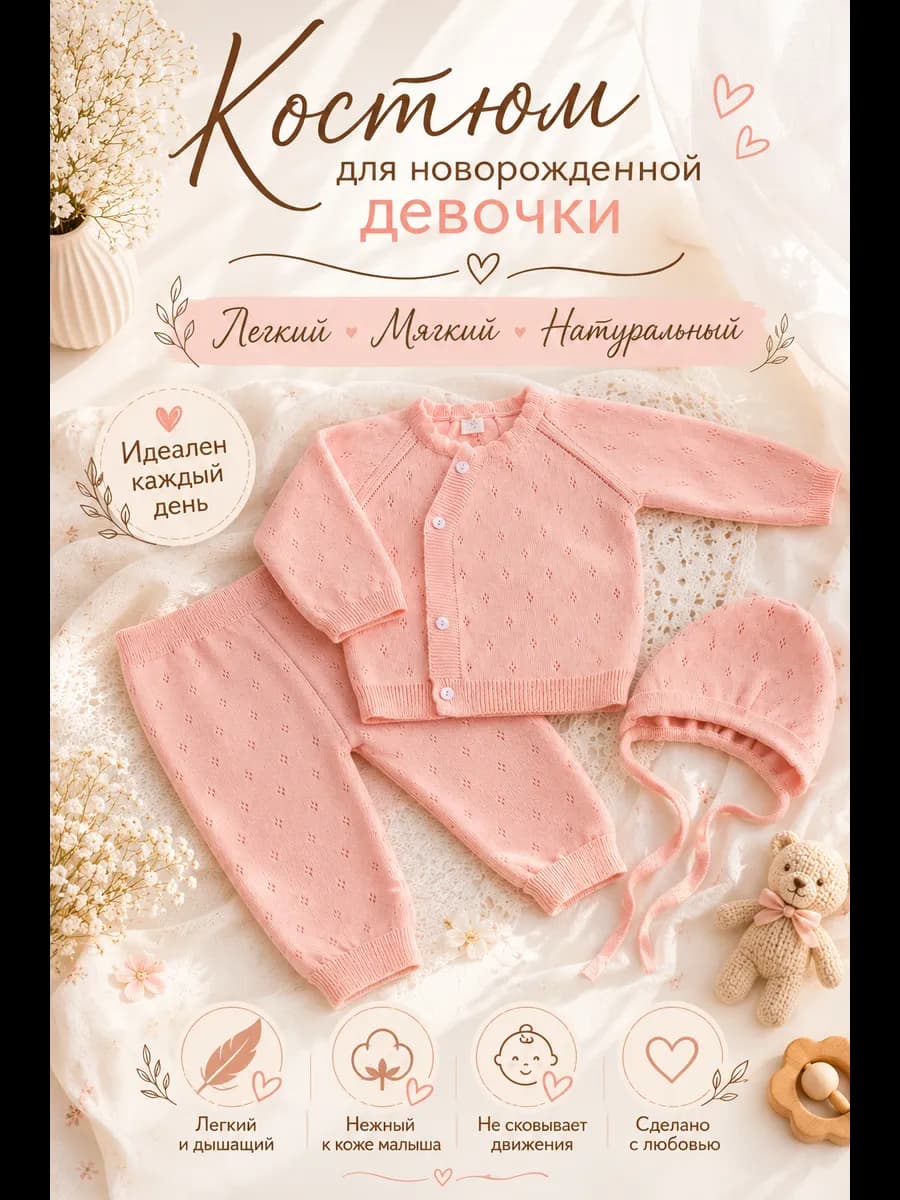 Хлопковый вязаный костюм для новорожденных на выписку