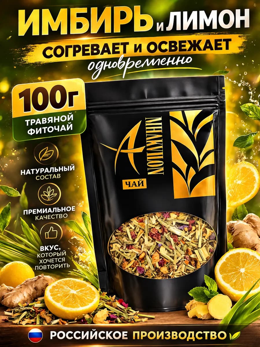 Чай травяной с имбирем и лимоном листовой 100 г