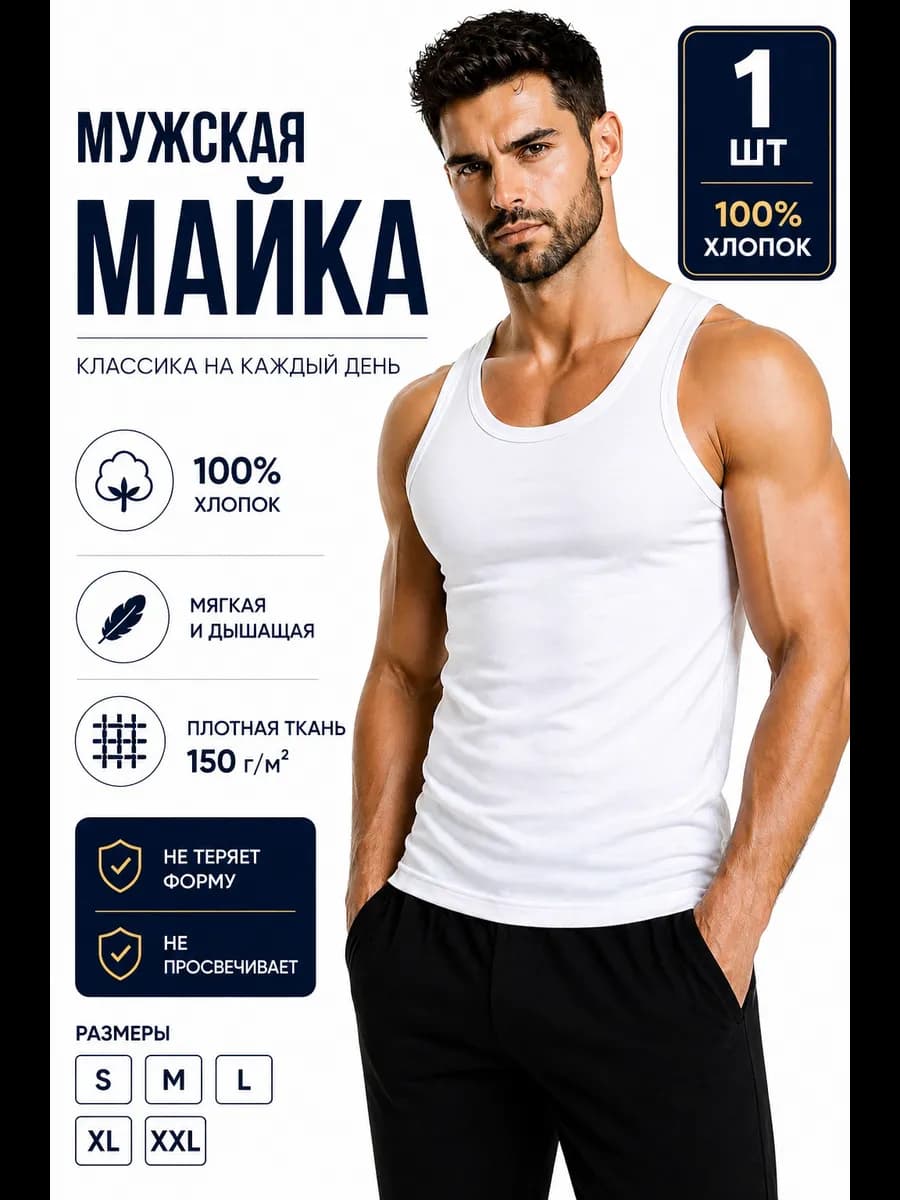 Плотная белая майка из хлопка 1шт