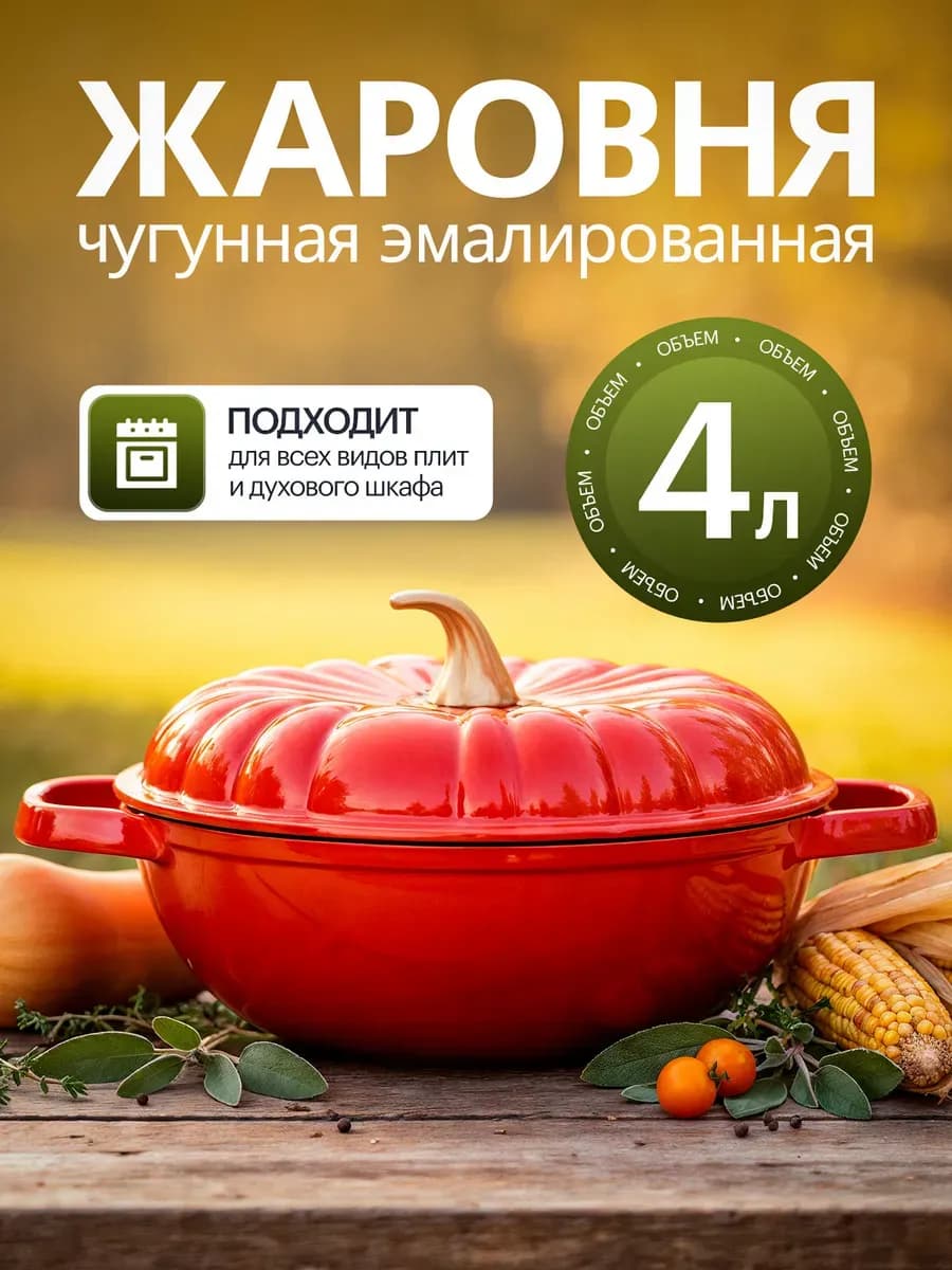 Жаровня сотейник чугунная эмалированная с крышкой 4 л