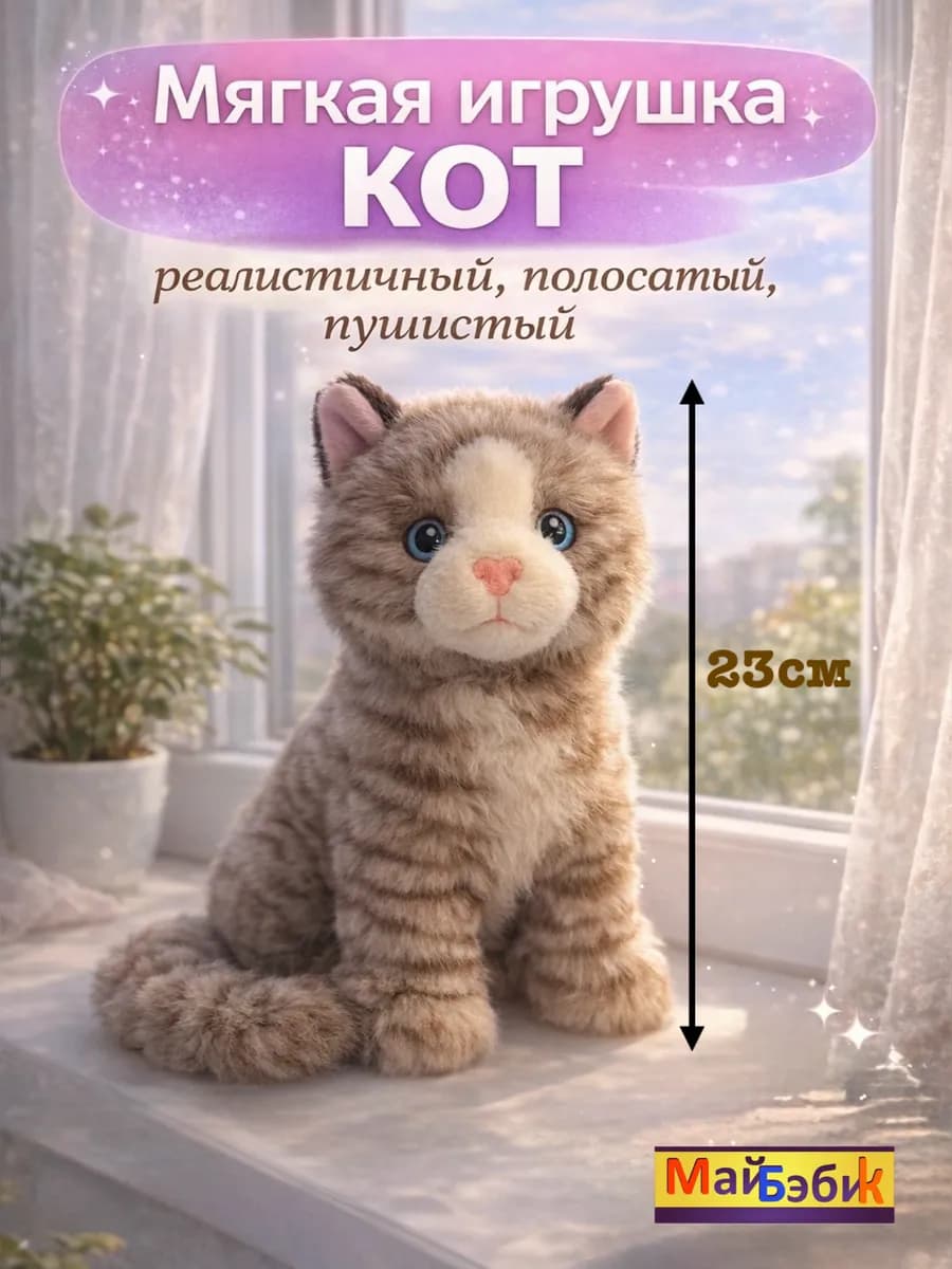 Мягкая игрушка кот реалистичный серый полосатый