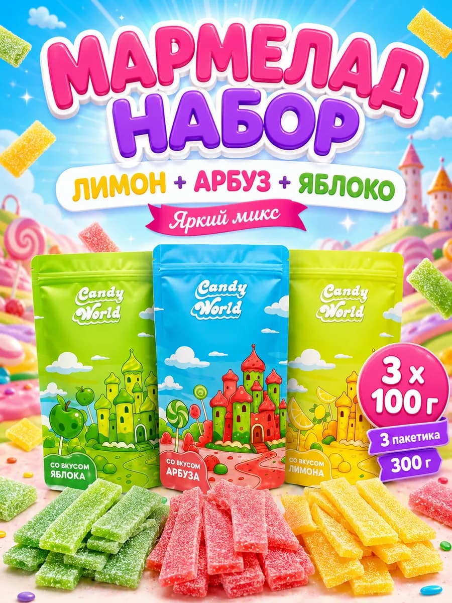Мармелад жевательный набор лимон, арбуз и яблоко 300 г