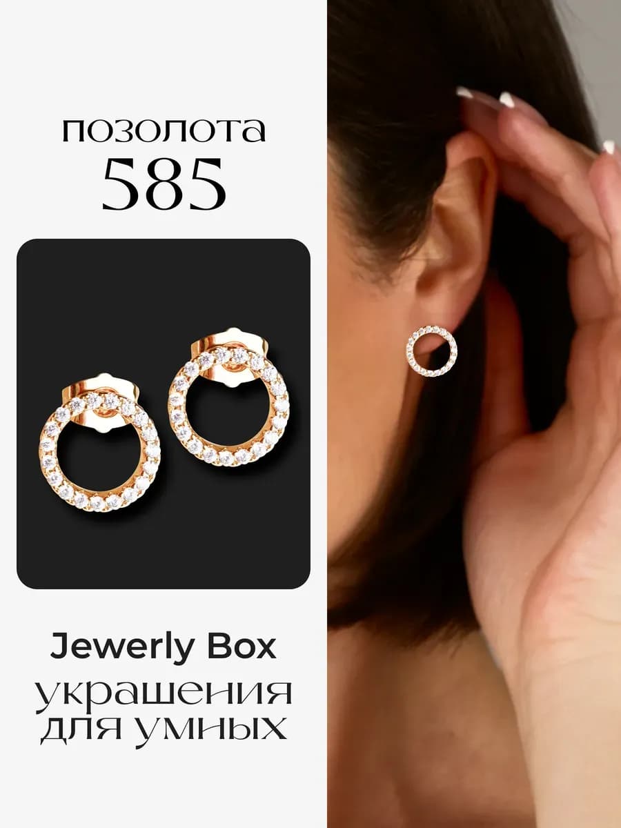 Серьги гвоздики круглые с фианитами позолоченные