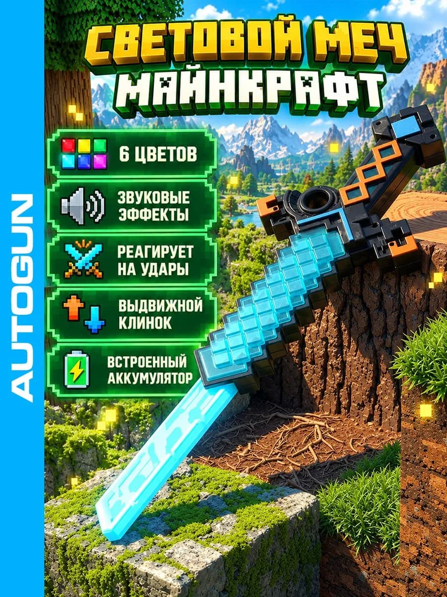 Меч световой Minecraft со звуком двусторонний