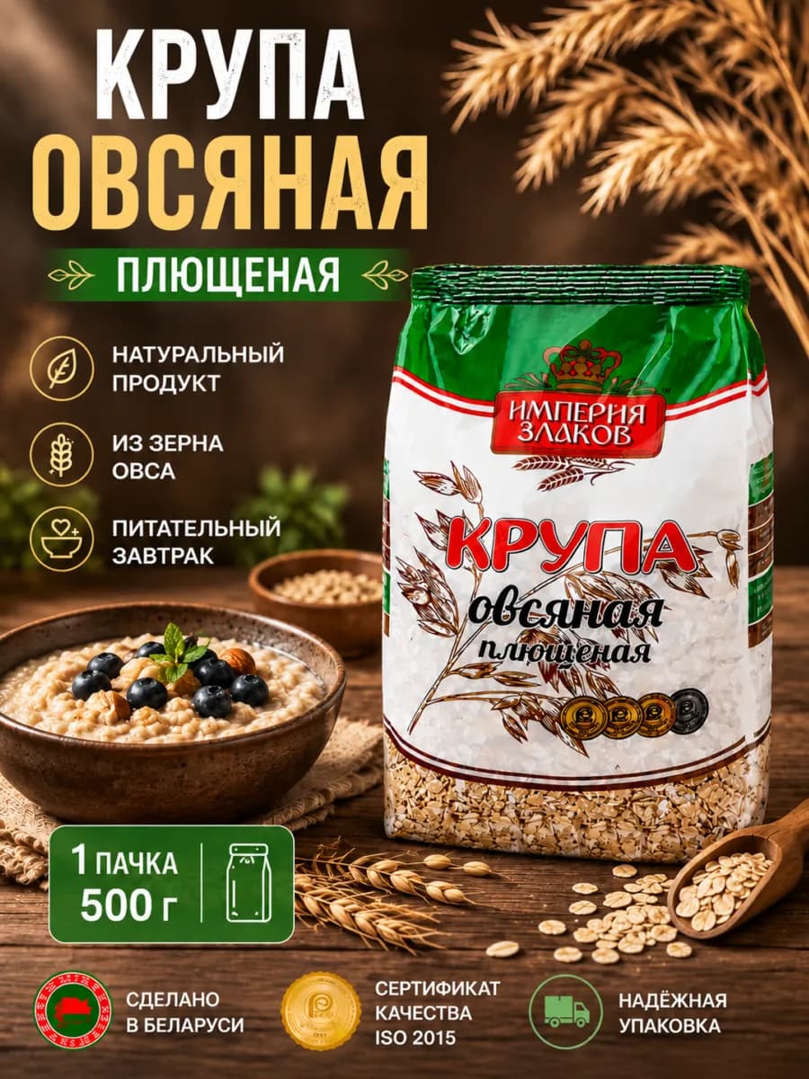 Плющеная овсяная крупа цельнозерновая, каша для детей