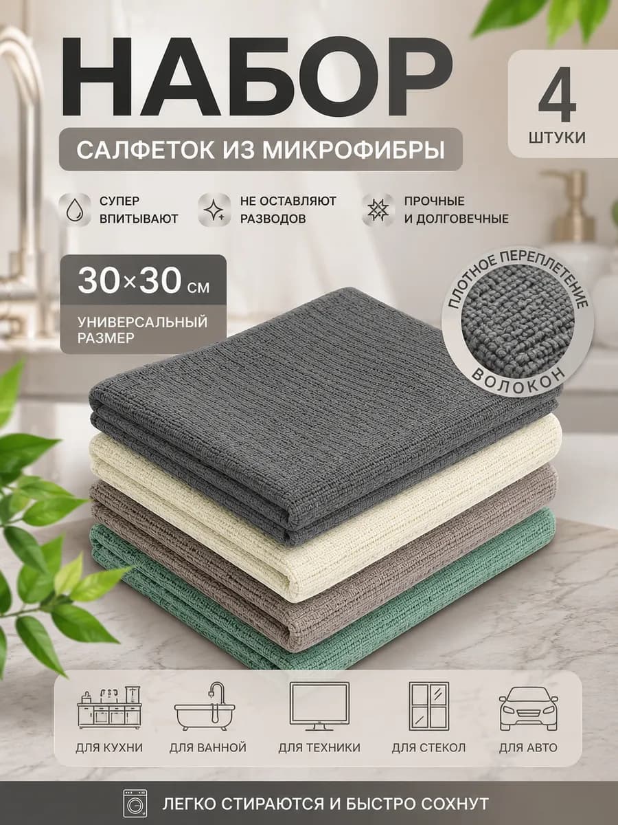 Салфетки из микрофибры для уборки и кухни 30×30 набор 4 шт