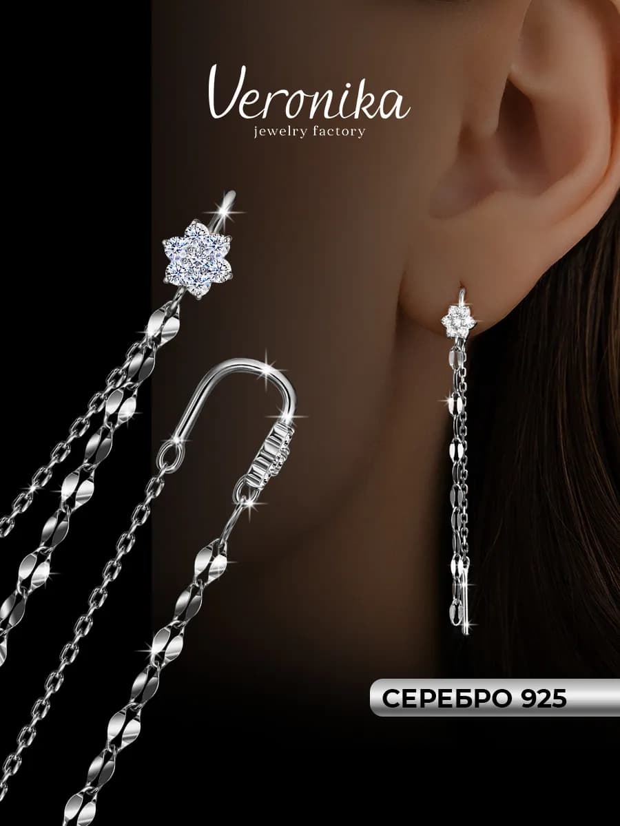 Серьги продевки серебро 925 с фианитами висюльки