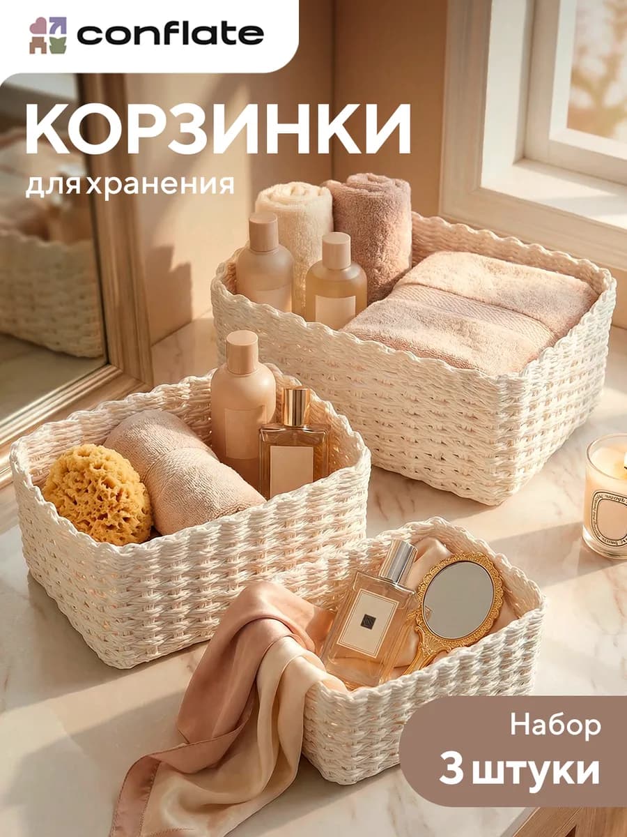 Плетеные корзины для хранения, 3 шт
