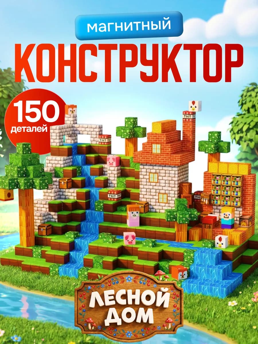 Магнитный конструктор лесной дом из кубиков майнкрафт