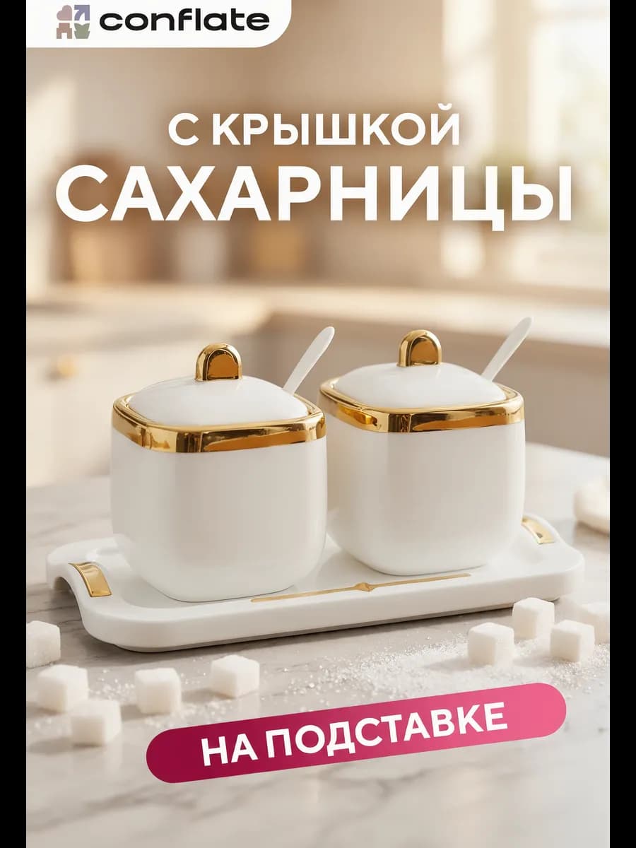 Сахарница и солонка с крышкой и ложкой на подставке 2 шт