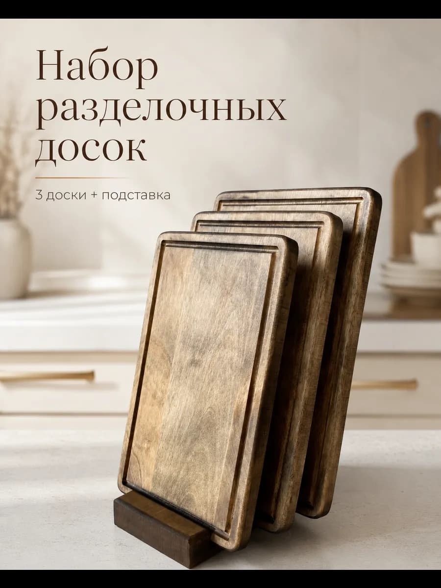 Доска разделочная деревянная набор на подставке 3 шт
