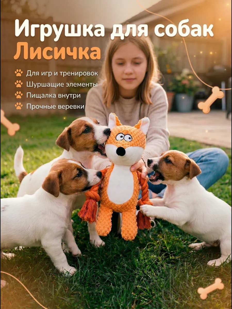 Мягкая игрушка для собак Лисичка с канатом, пищалкой